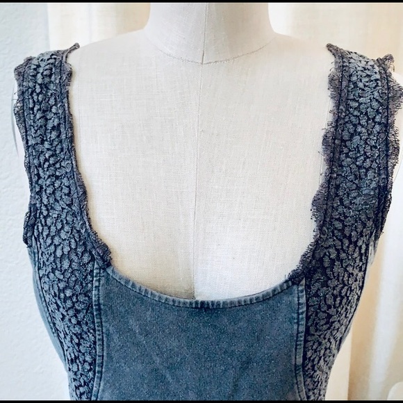 Free People BodyCon Tank Dress Blue/Grey w/ Lace Inlay Stone Wash Cotton/Spandex - Picture 4 of 14
